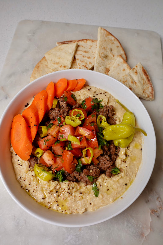 Mediterranean Lamb and Hummus Plate with Pickled Carrots