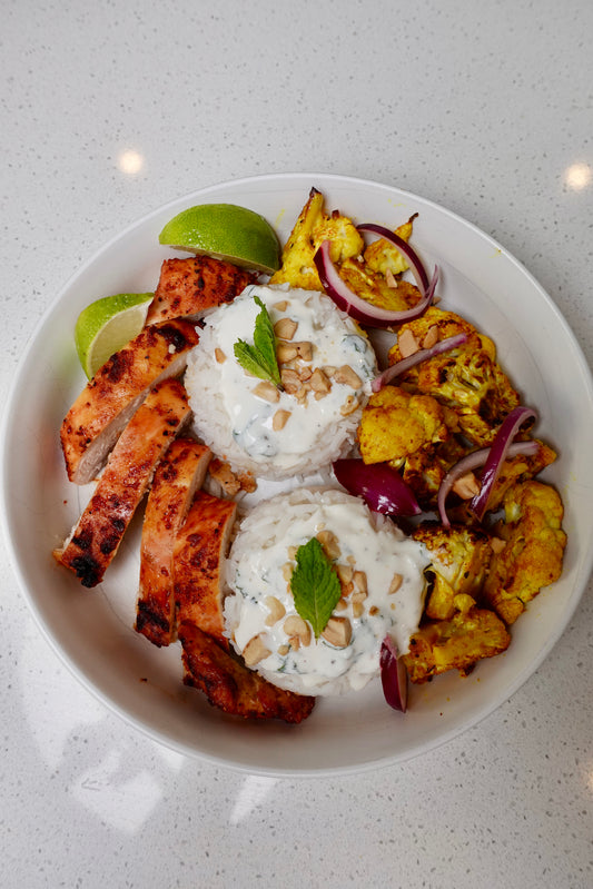 Tandoori Chicken with Roasted Cauliflower and Mint Raita