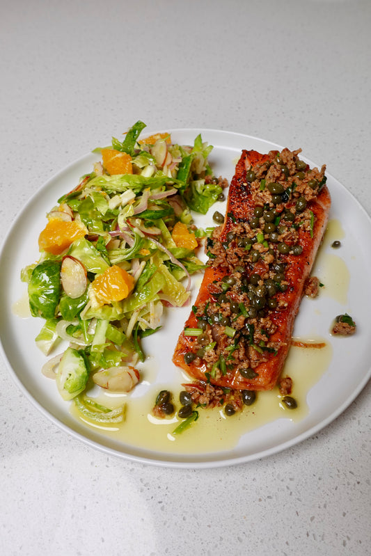 Pan-Seared Salmon with Orange-Glazed Brussels Sprouts Salad