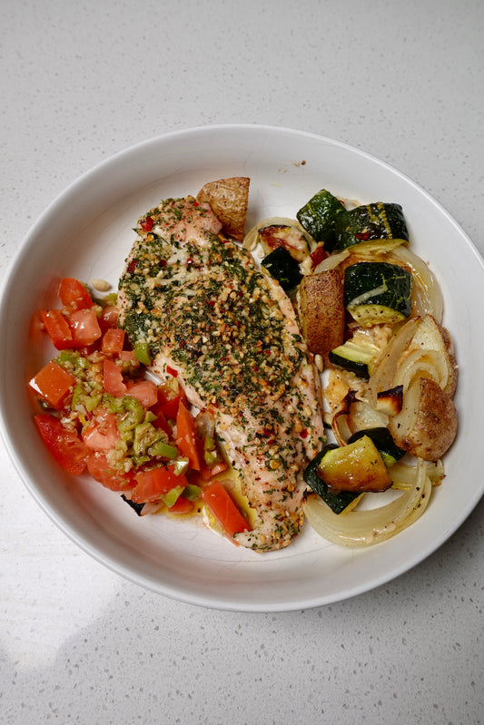 Italian Herb Chicken with Roasted Vegetables and Olive Salsa