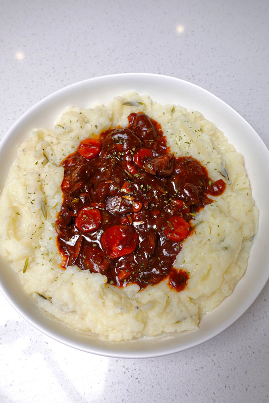 Mushroom Bourguignon with Garlic Mashed Potatoes