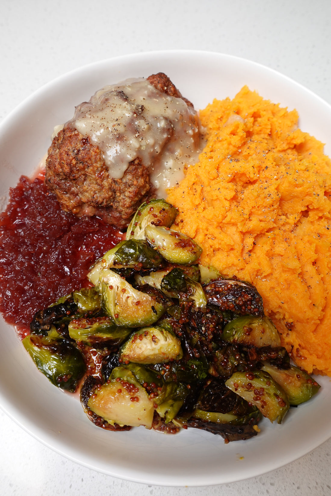 Turkey Meatloaves with Honey-Mustard Glazed Brussels Sprouts and Sweet Potato Mash