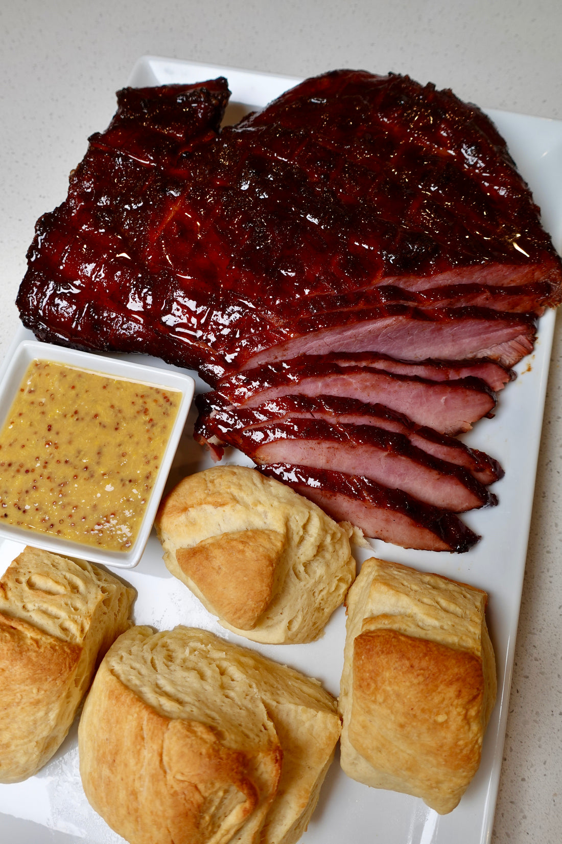 Glazed Ham with Buttermilk Biscuits and Mustard Sauce