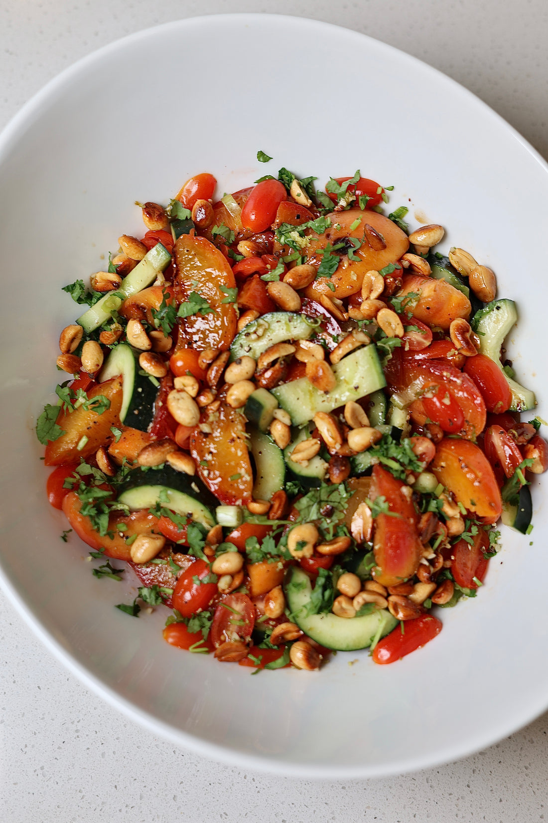 Peach and Cucumber Salad with Toasted Peanuts and Tamari Dressing